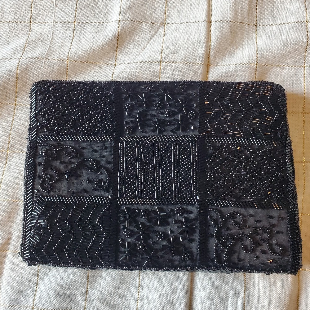 Vintage Carolyne Barton Nore Black Glass Beaded Evening Clutch Hollywood Glamour